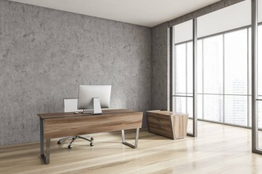 Taş duvarları, ahşap zemini, bilgisayar masası ve bulanık şehir manzaralı panoramik pencereli minimalist İskandinav tarzı CEO ofisinin köşesi. 3d oluşturma