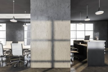 Karanlık ofis içinde boş bir duvar. Konferans odası, beyaz masa, koltuk ve bilgisayarlı masa. Gökdelenlerin şehir manzarası, 3 boyutlu, insan yok