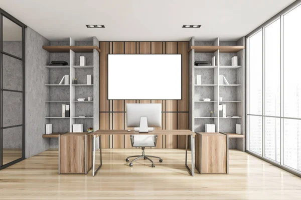 Interior Luxury Scandinavian Style Ceo Office Stone Wooden Walls Computer — Stock Fotó
