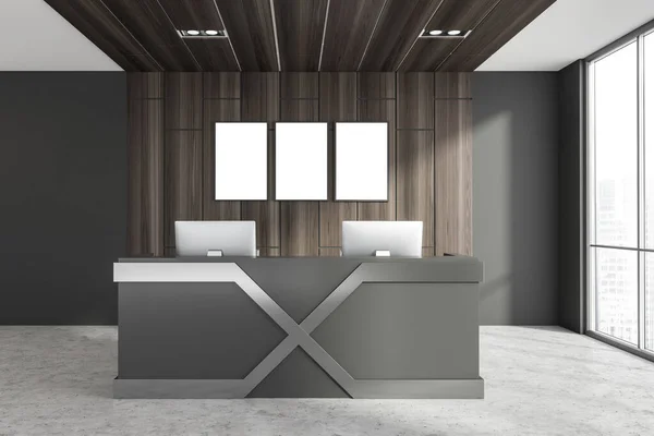 Interior Scandinavian Style Office Gray Wooden Walls Concrete Floor Reception — Stock Photo, Image