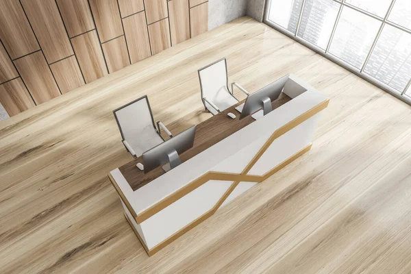 Vista Superior Oficina Minimalista Estilo Escandinavo Con Paredes Piedra Madera — Foto de Stock