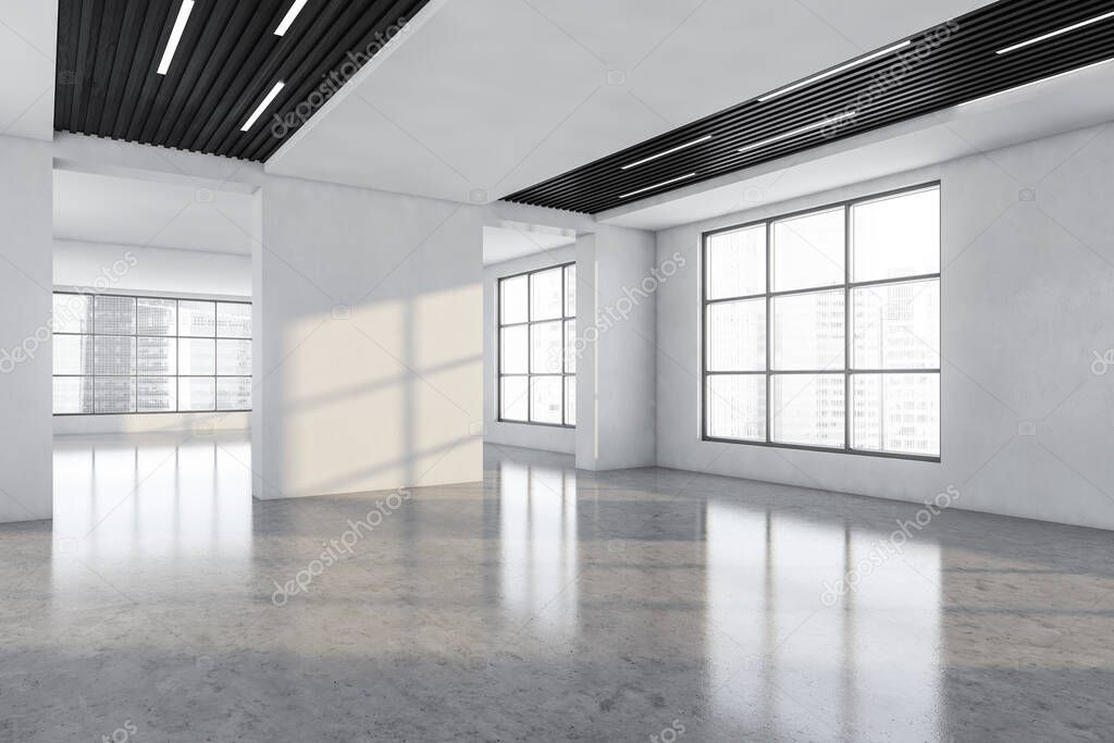 White and wooden large empty office room in business centre with windows, side view. White hall, large space with no furniture, 3D rendering no people