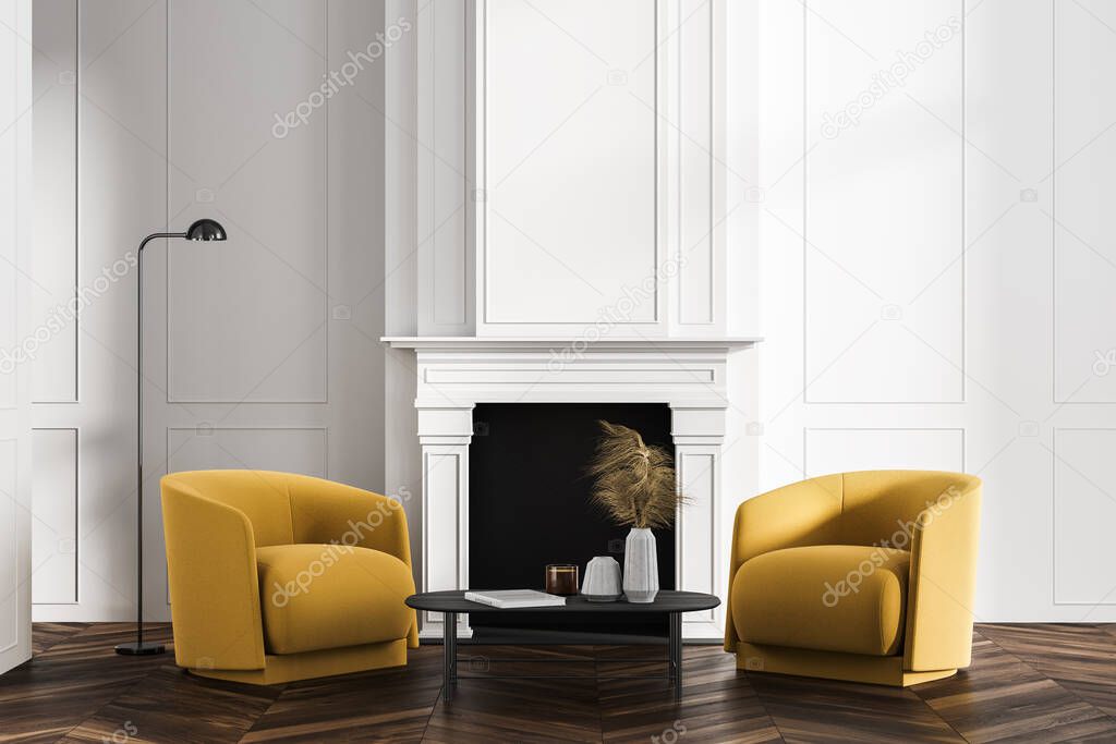Classic white living room, office lounge or home library interior with two yellow armchairs, coffee table and fireplace. Concept of education and relaxed scientific passtime. 3d rendering