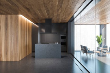 Gri duvarları, beton zemini, gri gidonu ve yanında oturma odası olan modern yemek odasının içi. Bulanık şehir manzaralı bir pencere. 3d oluşturma