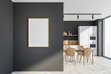 Gri duvarlı şık yemek odasının köşesi, ahşap zemin, beyaz tezgah ve bej sandalyeli yemek masası. Dikey model poster çerçevesi. 3d oluşturma