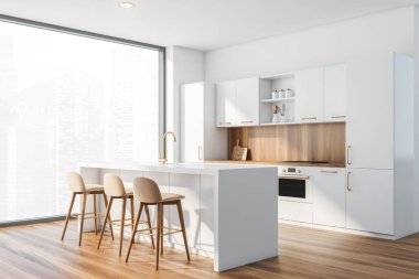Modern mutfak köşesinde beyaz, ahşap duvarları ve ahşap zemini olan bej tabureli beyaz bar tezgahı. Bulanık şehir manzarası. 3d oluşturma