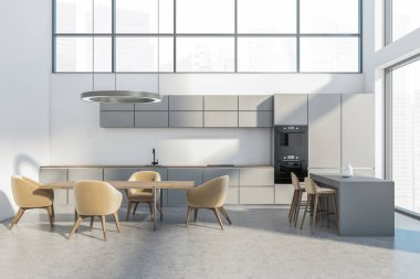 Minimalist mutfak seti, ahşap masa ve gri zeminde bej sandalyeler. Bar sandalyeli yemek odası ve kesim masası, şehir manzaralı pencere, 3D görüntüleme