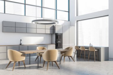 Minimalist mutfak seti, ahşap masa ve gri zeminde bej sandalyeler, yan görüş. Bar sandalyeli hafif pişirme odası ve kesim masası, şehir manzaralı pencere, 3D görüntüleme