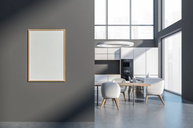 Minimalist mutfak seti, ahşap masa ve gri zeminde sandalyeler. Bar sandalyeli yemek odası ve şehir manzaralı pencere. Boşluk boş menü posterini kopyala, 3B oluşturma