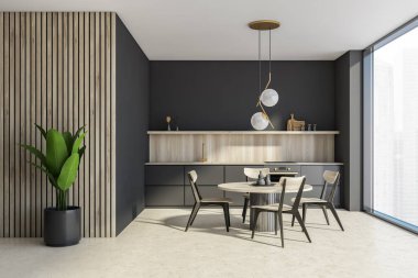 Yuvarlak yemek masası olan koyu renk mutfak seti ve pencerenin yanındaki bej zeminde dört sandalye ve gökdelenler. Modern mobilyalarla minimalist iç mekan, raflarda mutfak gereçleri, 3 boyutlu tasarım.