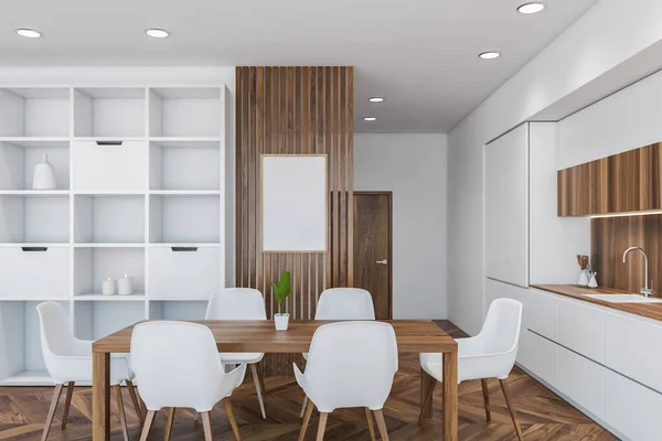 Stylish dining room interior with white and wooden walls, wooden floor, long table with white chairs and white counters with built in appliances. Mock up poster. 3d rendering