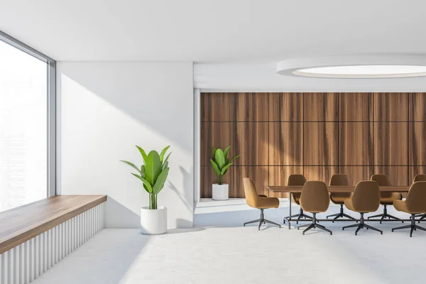 带有白色和木制墙壁 有棕色椅子和全景城市窗户的长长的会议桌的未来和经典酒店商务中心会议室的内部 3D渲染 — 图库照片