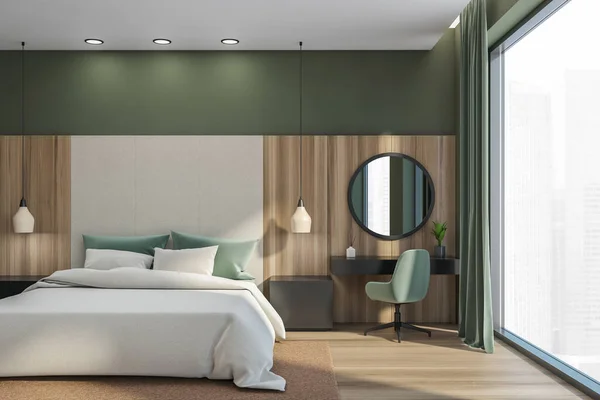 风格别致的卧室内部 地毯上有床 绿色扶手椅 餐桌上有镜子 窗户上有新加坡城市的景观 3D渲染没有人 — 图库照片