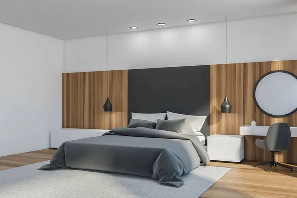 Interior Kamar Tidur Kayu Tempat Tidur Dengan Linen Dan Bantal — Stok Foto