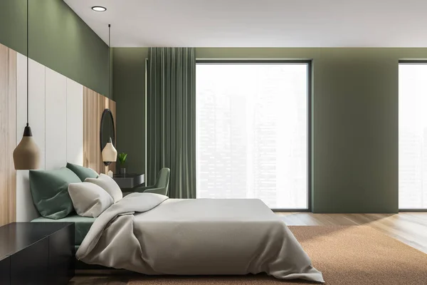 绿色卧室内部 床上用品和枕头 侧视图 窗边地板与新加坡城市景观 带有办公楼的全景窗口 3D显示没有人 — 图库照片