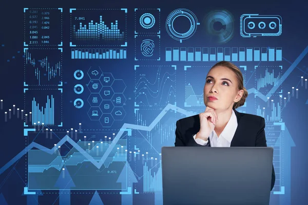 Boss woman pensive look with device. Stock market changes candlesticks in icons, various data information icons and rising graph. Concept of finance and trading online