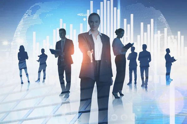 Office Woman Hand Silhouettes Business People Earth Globe Bar Chart — Stock Photo, Image