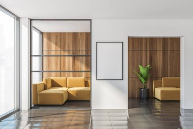 Beyaz ve ahşap duvarları, gri fayanslı zemini, panoramik pencereleri ve iki bej koltuğu olan şık bir ofis. Dikey model poster çerçevesi. 3d oluşturma