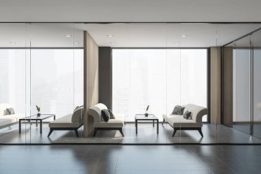Gri ve ahşap duvarları, cam kapıları, rahat beyaz koltukları ve cam masaları olan iki ofis bekleme odasının içinde. Moskova 'nın panoramik pencereleri. 3d oluşturma