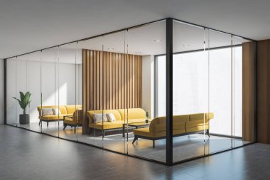Beyaz ve ahşap duvarları, cam kapıları, rahat sarı kanepeleri ve cam masaları olan iki ofis bekleme odasının köşesi. Moskova 'nın panoramik pencereleri. 3d oluşturma