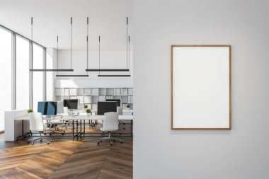 Beyaz duvarları olan modern ofisin içi, beyaz masa sırası ve sağa doğru dikey poster çerçevesi. 3d oluşturma