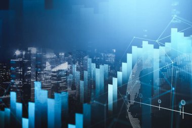 Bulanık gece şehrinde dijital HUD finansal grafik arayüzü. Şık bir arka plan. Borsa ve yatırım kavramı. Tonu ayarlanmış resim