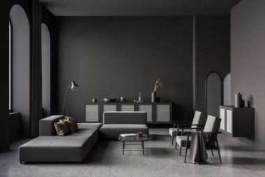 İki gri koltuğu ve koltuğu olan modern oturma odası, dekorasyonlu lamba ve raf, beton zeminde minimalist dinlenme odası. 3B görüntüleme