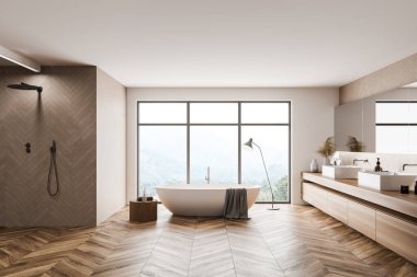 Minimalist beyaz ve ahşap banyo içi beyaz küvetli, çift lavabolu ve duşta yürüyen. Lüks otel, rahatlama ve boş zaman konsepti. Bulanık dağ manzaralı bir pencere. 3d oluşturma