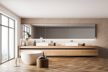 Minimalist beyaz ve ahşap banyo içi beyaz küvet, çift lavabo ve bulanık dağ manzaralı pencere. Lüks otel, rahatlama ve boş zaman konsepti. 3d oluşturma