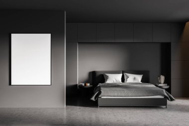 Gri duvarları, beton zemini, ana yatağı, iki yuvarlak komodini ve dikey maket posteriyle modern yatak odası. Otel tatil konsepti. 3d oluşturma