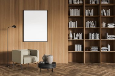 Kitap rafı ve vazolu kitaplarla aydınlık sanat eserleri. Koltuğun üzerinde lambalı boş bir fotokopi çerçevesi, kütüphanede parke zeminli okuma odası, 3D görüntüleme