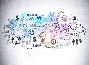 Gri duvara iş çizimi planı çiziyorum. Grafiklerle, finansal analizlerle ve ağ iletişimiyle renkli iş karalamaları. İş fikri ve planlama kavramı