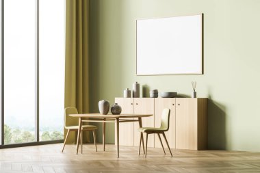 Oturma odasının içi aydınlık, iki koltuklu, yan manzaralı, kırsal manzaralı bir çekmece. Parke zemindeki minimalist sanat odası. Boşluk çerçevesini kopyala, 3B görüntüleme