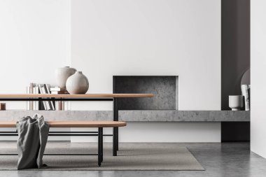 Beyaz oda içi ahşap bank ve dekorasyonlu masa, beton zeminde halı. Minimalist mobilyalar ve kitaplı şömine. Boşluk duvarını kopyala, 3B görüntüleme