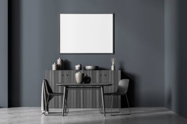 Modern oturma odasının içinde beton zeminde iki koltuk ve dekorasyonlu bir çekmece var. Gri zeminde minimalist okuma odası. Boşluk tuval çerçevesini kopyala, 3B görüntüleme