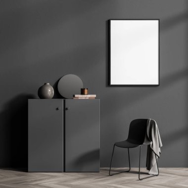 İçi gri tuvalet çekmecesiyle, kitaplar ve vazoyla, parke zemininde battaniyeli koltukla dinlenme odası. Boş poster, gri duvarda maket, 3 boyutlu görüntüleme