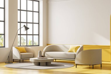 Beyaz ve sarı duvarlı rahat bir oturma odası, bulanık manzaralı büyük pencereler, iki koltuklu beyaz kanepe ve yuvarlak kahve masası. 3d oluşturma