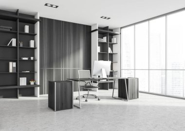 Beyaz ve ahşap duvarları, bilgisayar masası ve iki kitaplığı olan İskandinav tarzı CEO ofisinin köşesi. Bulanık şehir manzaralı panoramik pencere. 3d oluşturma