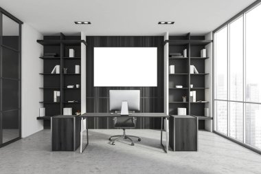 Beyaz ve ahşap duvarları, bilgisayar masası ve iki kitaplığı olan lüks İskandinav tarzı CEO ofisi. Bulanık şehir manzaralı panoramik pencere. Yatay maket posteri. 3d oluşturma