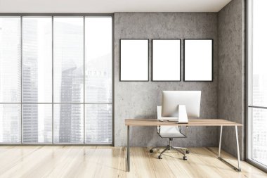 Minimalist İskandinav tarzı CEO ofisinin içinde taş duvarlar, ahşap zemin, bilgisayar masası ve üç tane poster var. Bulanık şehir manzaralı panoramik pencere. 3d oluşturma