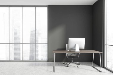 Gri duvarları, beton zemini, bilgisayar masası ve bulanık şehir manzaralı panoramik pencereli minimalist İskandinav tarzı CEO ofisi. 3d oluşturma