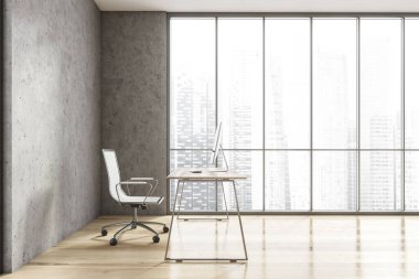 Taş duvarları, ahşap zemini, bilgisayar masası ve bulanık şehir manzaralı panoramik pencereli minimalist İskandinav tarzı CEO ofisi. 3d oluşturma