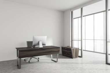Beyaz duvarları, taş zemini, bilgisayar masası ve bulanık şehir manzaralı panoramik pencereli minimalist İskandinav tarzı CEO ofisinin köşesi. 3d oluşturma