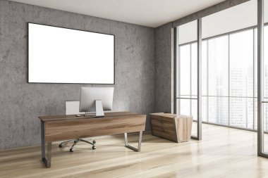 Minimalist İskandinav tarzı CEO ofisinin içinde taş duvarlar, ahşap zemin, bilgisayar masası ve uzun yatay maket posterleri var. Bulanık şehir manzaralı panoramik pencere. 3d oluşturma