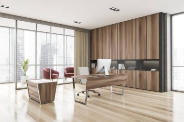 Taş, ahşap duvarlar, bilgisayar masası ve kitaplığı olan İskandinav tarzı CEO ofisinin köşesi. Bulanık şehir manzarası ve dinlenme odası olan panoramik pencere. 3d oluşturma