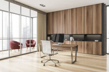 İskandinav tarzı CEO ofisinin köşesinde taş ve ahşap duvarlar, bilgisayar masası ve kitaplık var. Bulanık şehir manzarası ve dinlenme odası olan panoramik pencere. 3d oluşturma