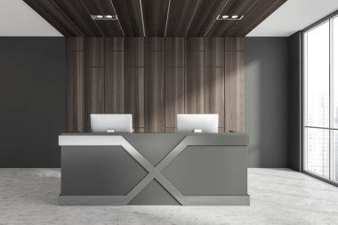 İçinde gri ve ahşap duvarlar, beton zemin ve üzerinde iki bilgisayar bulunan resepsiyon tezgahı olan minimalist İskandinav tarzı ofis. Bulanık şehir manzaralı bir pencere. 3d oluşturma