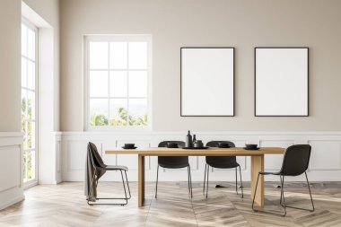 Beyaz duvarları, ahşap zemini, uzun masası ve iki dikey poster çerçevesi olan modern yemek odasının içi. 3d oluşturma