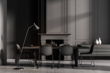 Lüks minimalist yemek odası içi gri duvarlar, taş zemin, gri sandalyeli uzun masa, şömine ve vazolu dolap. Otelde kalmak ve rahatlamış lüks eğlence konsepti. 3d oluşturma