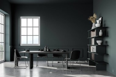 Koyu yeşil duvarları, beton zemini, uzun masası ve kitaplığı olan şık bir yemek odası. 3d oluşturma
